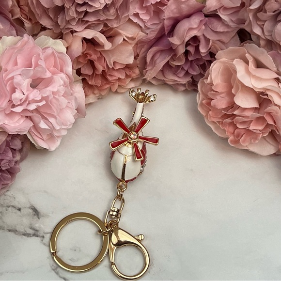 Whimsical Red and White Crystal Helicopter Keychain Charm - Picture 8 of 16